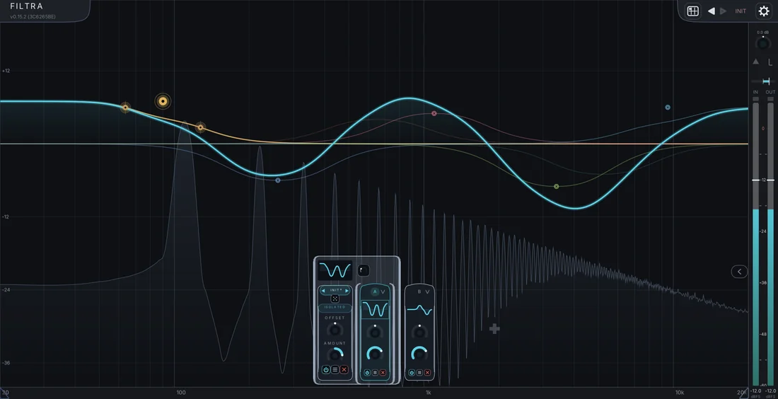 The Filtra plugin window. A cyan frequency response curve crosses the plot: a lift at the low end, a broad dip through the mids, a scoop in the presence range and a lift at the top, with colored band nodes sitting on it and the layer cards below